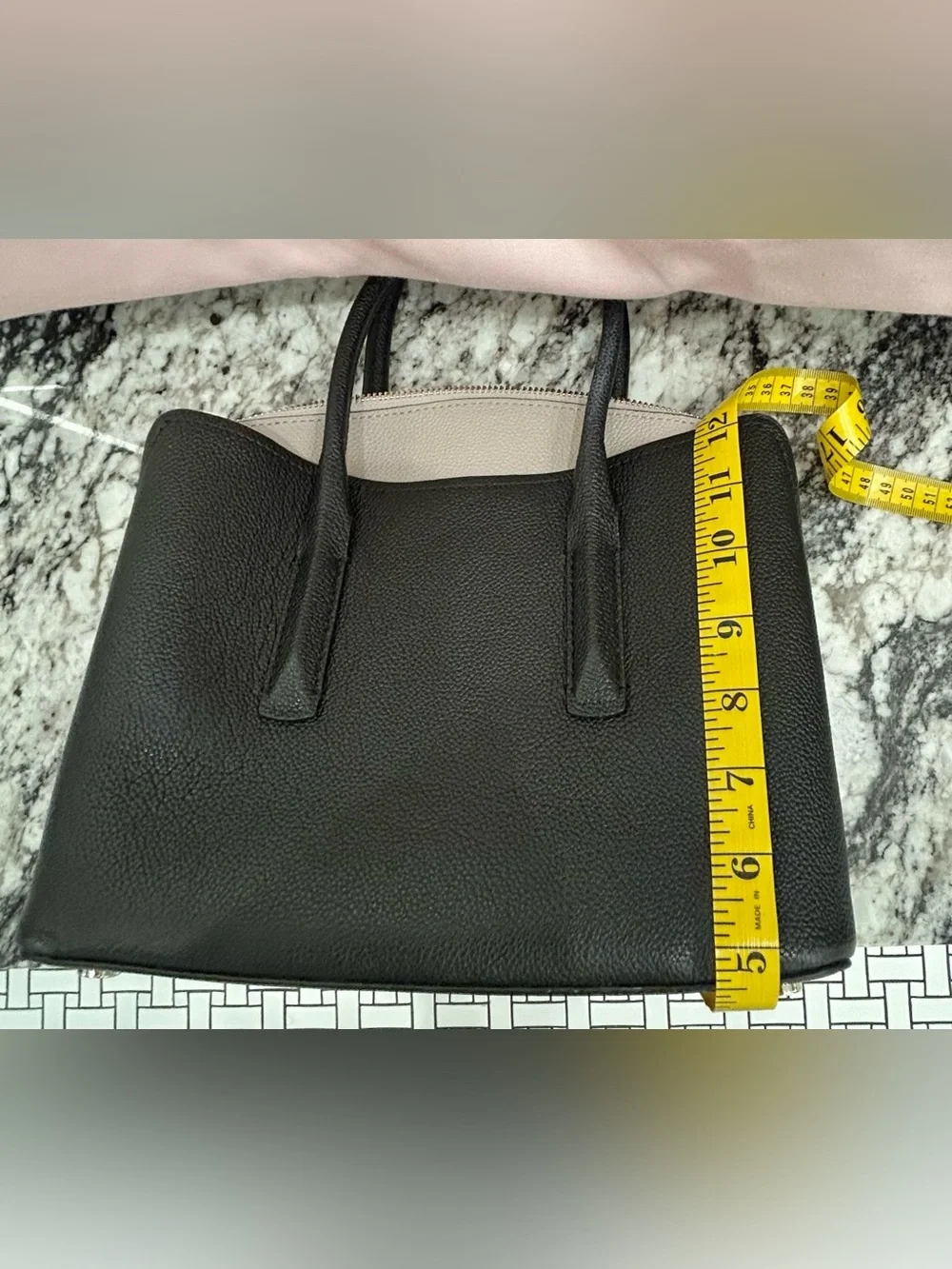 kate spade Black Pebbled Leather Satchel with Light Gray Trim
